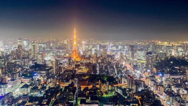 Tokyo, Japan skyline time lapse at night.