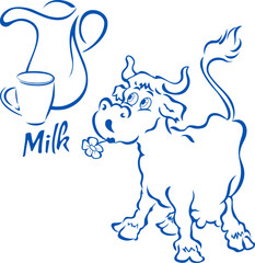 Funny cow with a jug and cup of milk, in cartoon style, on separate layers, isolated on white background.