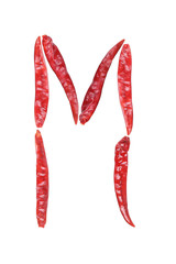 capital letter M by dry chili isolated on white