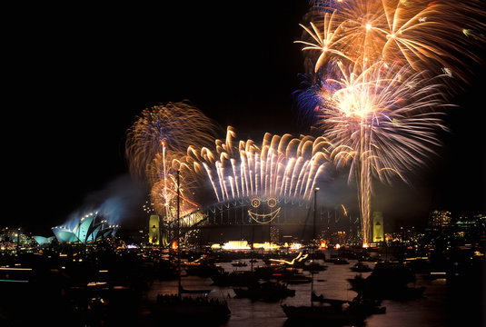 Fireworks Over Sydney Harbour Bridge And Opera House.