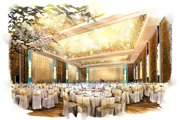 sketch perspective interior  ballroom into a watercolor on paper. - obrazy, fototapety, plakaty
