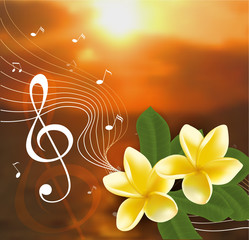 Summer music party template with realistic frangipani,  notes and key. Vector illustration.