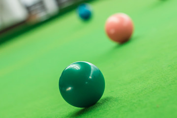 Snooker balls on snooker table.