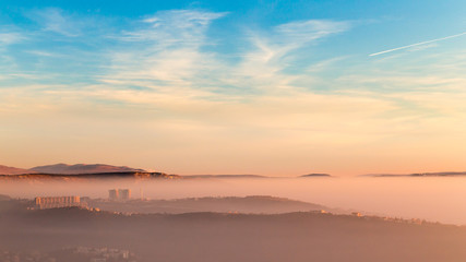 foggy sunset in the bay of Trieste