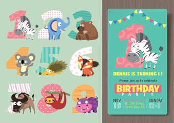 Birthday Party Invitation Template with Numbers and Funny Animal Characters