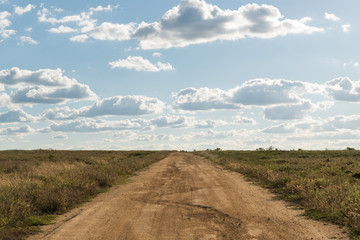 Country road leading to horizon with cloudy sky background