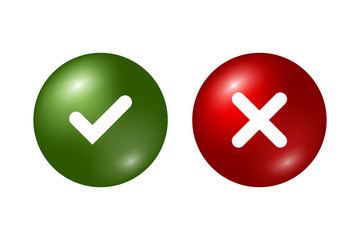 Tick and cross signs. Green checkmark OK and red X icons, isolated on white background. Marks graphic design. Circle symbols YES and NO button for vote, decision, web. Vector illustration