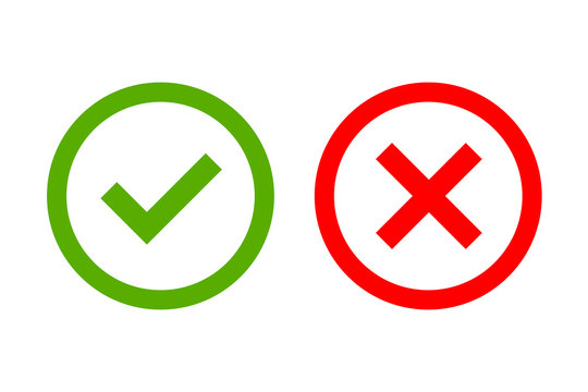 Tick and cross signs. Green checkmark OK and red X icons, isolated on white background. Simple marks graphic design. Circle shape symbols YES and NO button for vote, decision, web. Vector illustration