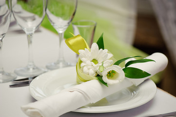 Obraz na płótnie Canvas Wedding table decoration in green and white color. Devices. Wedding floristry
