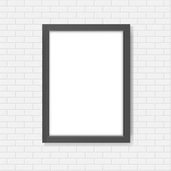 Black blank realistic frame on the white brick wall mockup