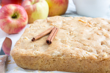 Homemade blondie (blonde) brownies apple cake on parchment, horizontal