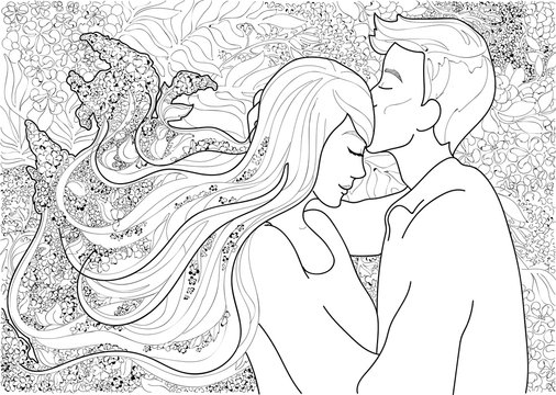 vector beautiful young couple in love , boy kissing a girl on the forehead , the girl blossoms like a flower by his love