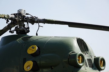 Detail of main rotor of soviet Mil Mi-2 army turbine-powered transport helicopter