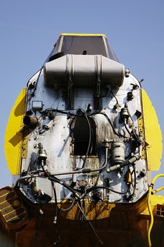 Front side of Czechoslovak aircraft Zlin Z-37 Cmeliak (Bumblebee) with detached engine