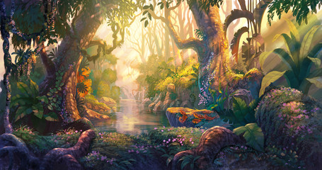 Sunset in fantasy forest - obrazy, fototapety, plakaty
