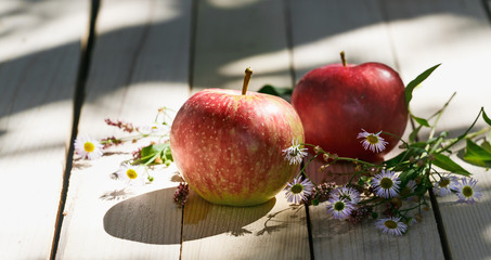 red apples lie on a light wooden background