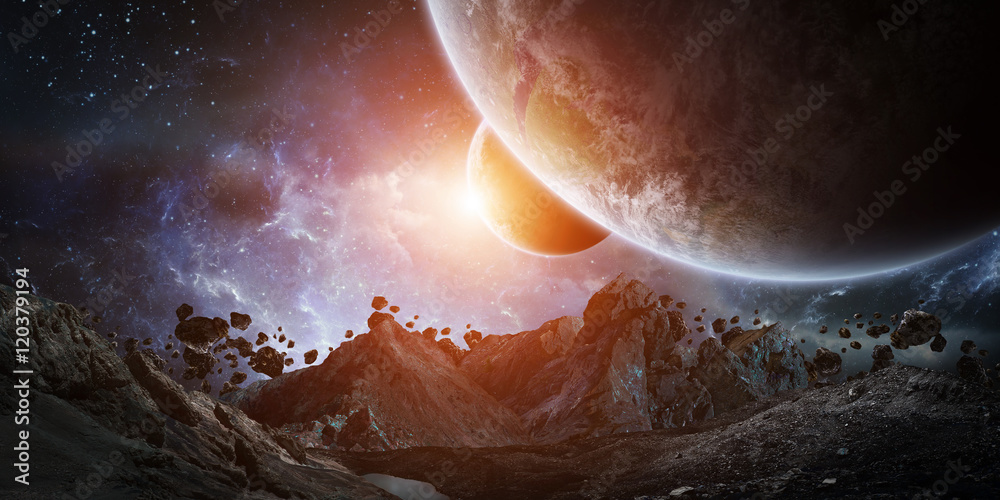 Leinwandbilder Gigantic asteroids about to crash earth 3D rendering elements of