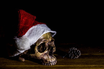 Still life with skull in christmas day, dark concept