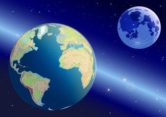 Earth and Moon in Space. Milky Way Galaxy on background. Vector illustration. All objects are located on separate layers