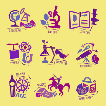 Set with school subjects icons for design. Vector