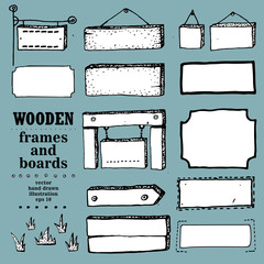 Wooden signs, frames, boards. Vector icon set