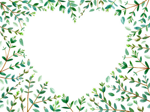 frame of heart with eucalyptus branches.green floral border.watercolor hand drawn illustration.