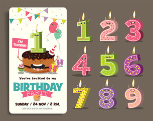 Birthday Anniversary Numbers Candle with Funny Character & Birthday Party Invitation Card Template