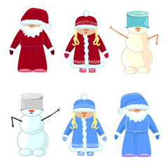 Set of Christmas Santa Claus, snow maiden, snowman blue, red