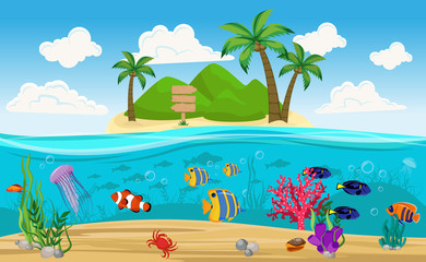 Fototapeta na wymiar Colored Underwater World Island Composition