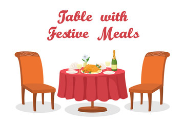 Festive Meals on Served Table, Holiday Food, Thanksgiving Roasted Turkey, Bottle of Champagne, Glasses, Napkins, Plates, Two Chairs Isolated on White Background. Eps10 Contains Transparencies. Vector