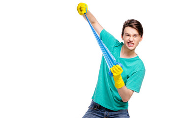 Fight with trach! Excited young man in green t-shirt holding garbage bags. Isolated on white.
