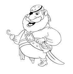 Old pirate with wooden foot and hook. Vector illustration. Contour drawing.