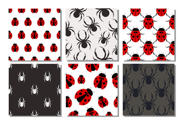 Set of seamless vector patterns with insects, different backgrounds with spiders and ladybugs.Graphic illustration. Series of sets of vector seamless patterns.