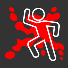 Simple vector of painted silhouette of dead body on ground. Stain of blood around the spot. Crime of killing / murdering the person and investigation by police detectives