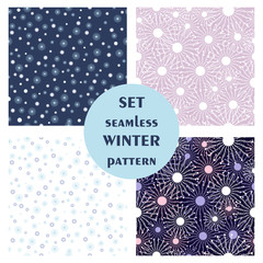 Set of seamless vector patterns. Seasonal winter different background with snowflakes. Graphic illustration. Series of sets of vector seamless patterns.