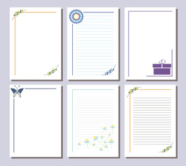 Set of vector templates for letter or greeting card. Different simple forms with frame, gift, butterfly, flowers lines and branches with leaves. A4 format.
