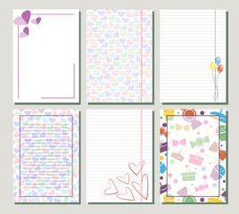 Set of vector templates for letter or greeting card. Different simple forms with frame, gift, hearts. A4 format.