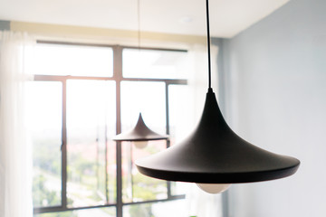 Interior and style. Modern black metallic lamp in light room.