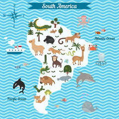 Cartoon map of South America continent with different animals.