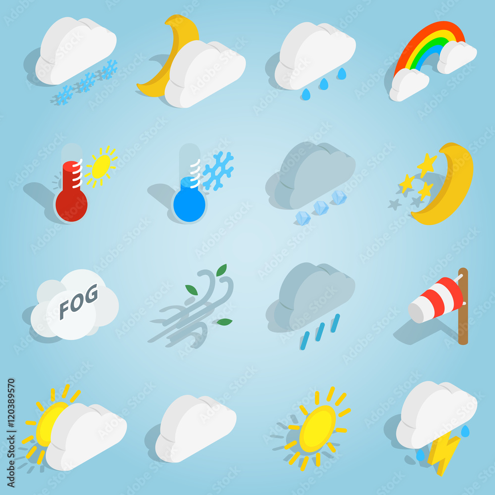 Poster isometric weather icons set. universal weather icons to use for web and mobile ui, set of basic weat