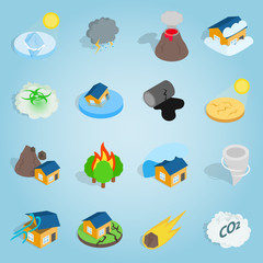 Isometric catastrophe icons set. Universal catastrophe icons to use for web and mobile UI, set of basic catastrophe elements vector illustration
