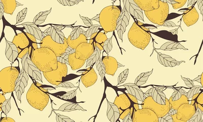 Fotobehang lemon tree branch seamless pattern in sepia shades © L.Dep