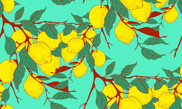 lemon tree branch seamless pattern in red and blue shades