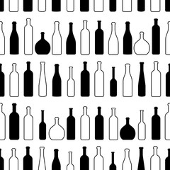 Wine bottles outline pattern. Bottles silhouette. Different kinds of wine. Design elements for banners, wine markets, alcohol advertising, bars and vineyards. Wine seamless pattern