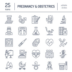 Modern vector line icon of pregnancy management and obstetrics. Gynecology elements - chair, tests, doctors, sonogram, baby, pregnancy gadgets. Obstetrics design element for sites, hospitals, clinics.