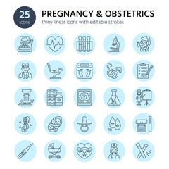 Modern vector line icon of pregnancy and obstetrics. Gynecology elements - chair, tests, doctors, sonogram, baby, pregnancy gadgets. Obstetrics design element for sites, hospitals, clinics.