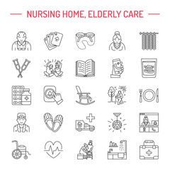 Modern vector line icon of senior and elderly care. Nursing home elements - old people, wheelchair, leisure, hospital call button, leisure. Linear pictograms with editable stroke for sites, brochures.