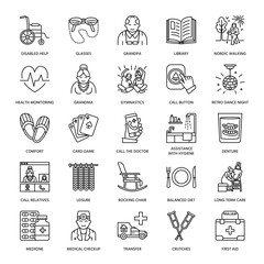 Modern vector line icon of senior and elderly care. Nursing home elements - old people, wheelchair, leisure, hospital call button, medicines. Linear pictograms with editable stroke for sites, brochure