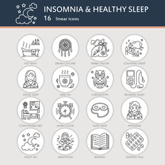 Modern vector line icon of insomnia problem and healthy sleep. Elements - clock, pillow, pills, dream catcher, counting sheep. Linear pictogram for sites, brochures about insomnia