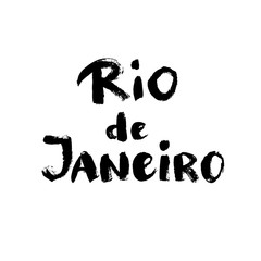 Rio de janeiro hand drawn vector lettering. Modern calligraphy brush lettering. Rio ink lettering. Design element for greeting card, banners, flyers, T shirt prints. Brazilian summer city lettering.